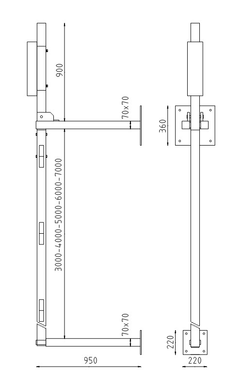 Handmatige slagboom met contragewicht en vaste vangpaal tekening