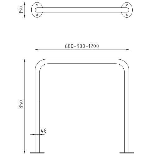 Rvs beschermbeugels Ø48 recht op voetplaat zonder tussenbuis tekening imc