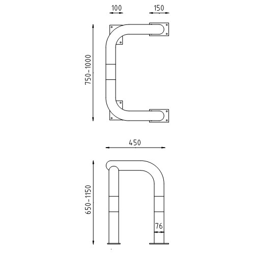Beschermbeugel Ø76 dubbele hoekbeugel op voet plaat