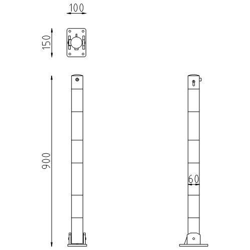 Neerklapbare parkeerpaal Ø60 cilinderslot tekening