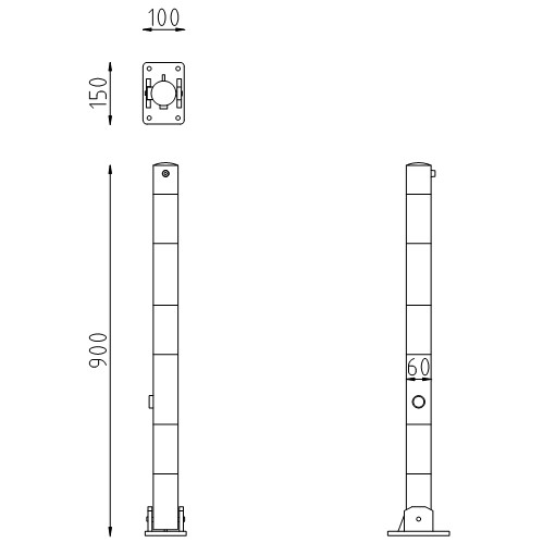 Neerklapbare parkeerpaal Ø60 driekantslot tekening