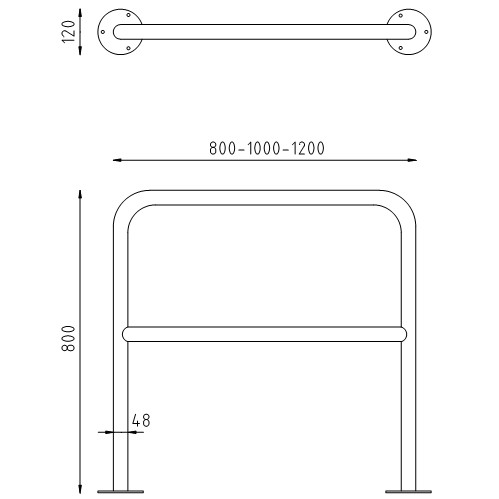 Rvs beschermbeugels Ø48 recht op voetplaat met tussenbuis tekening schake