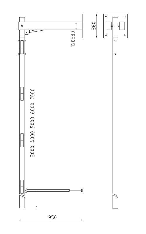 Handmatige slagboom met gasdrukveer en pendelpaal tekening