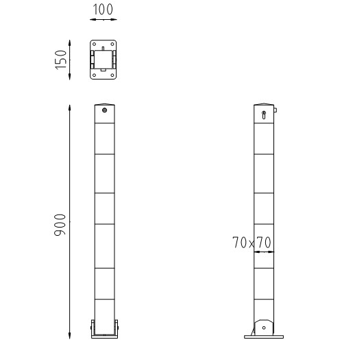 Neerklapbare parkeerpaal 70x70 cilinderslot tekening