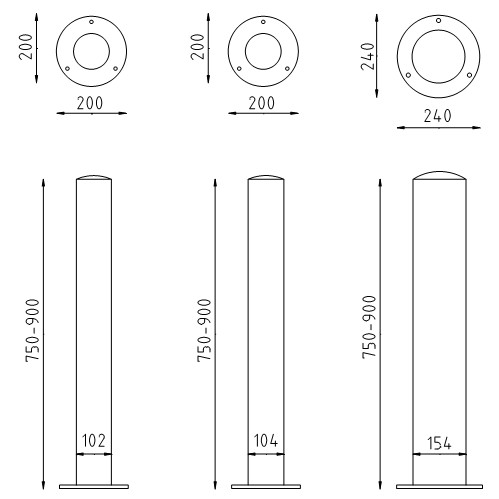 Rvs beschermpalen op voetplaat Ø102-104-154