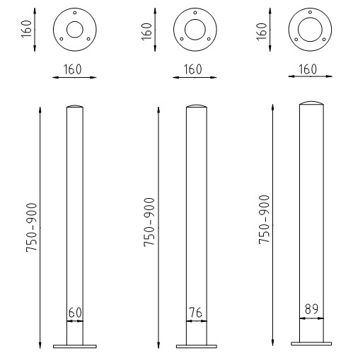 Rvs beschermpalen op voetplaat Ø60-76-89