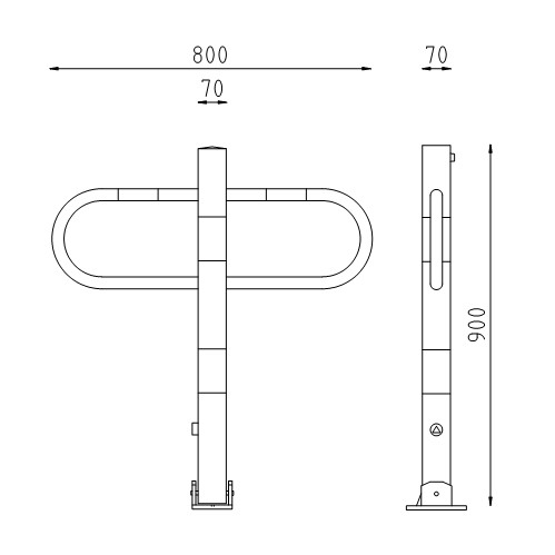 Neerklapbare parkeerbeugel 70x70 met driekantslot tekening