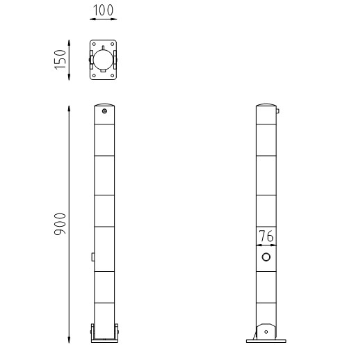 Neerklapbare parkeerpaal Ø76 driekantslot tekening