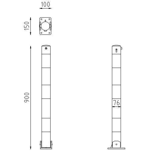 Neerklapbare parkeerpaal Ø76 cilinderslot tekening