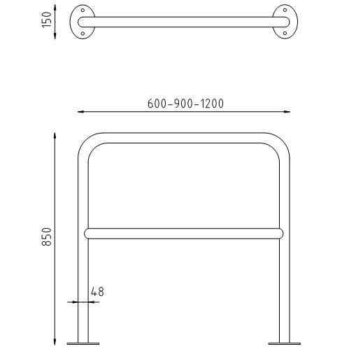 Rvs beschermbeugels Ø48 recht op voetplaat met tussenbuis tekening imc