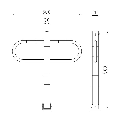 Neerklapbare parkeerbeugel 70x70 met cilinderslot tekening