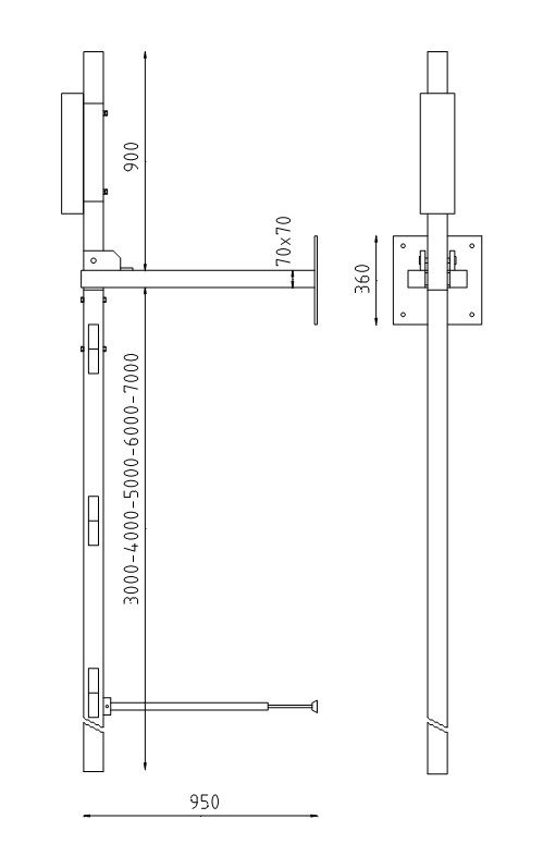 Handmatige slagboom met contragewicht en pendelpaal tekening