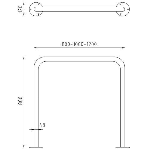 Rvs beschermbeugels Ø48 recht op voetplaat zonder tussenbuis tekening schake