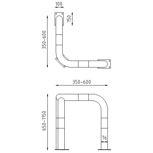 Beschermbeugel Ø76 hoekbeugel op voetplaat tekening