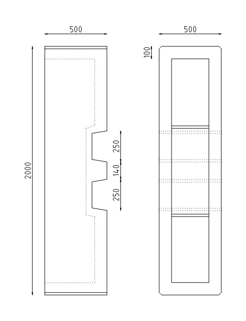 Betonnen bloembak rechthoek 2000x500x500 met lepelgaten tekening