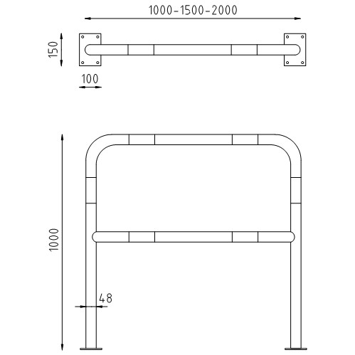 Beschermbeugel Ø48 recht op voetplaat met tussenbuis