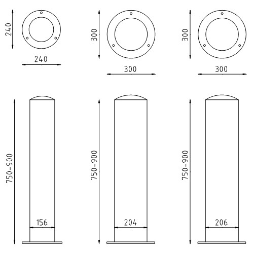 Rvs beschermpalen op voetplaat Ø156-204-206