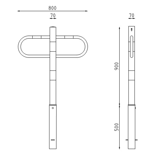 Uitneembare parkeerbeugel 70x70 met cilinderslot tekening